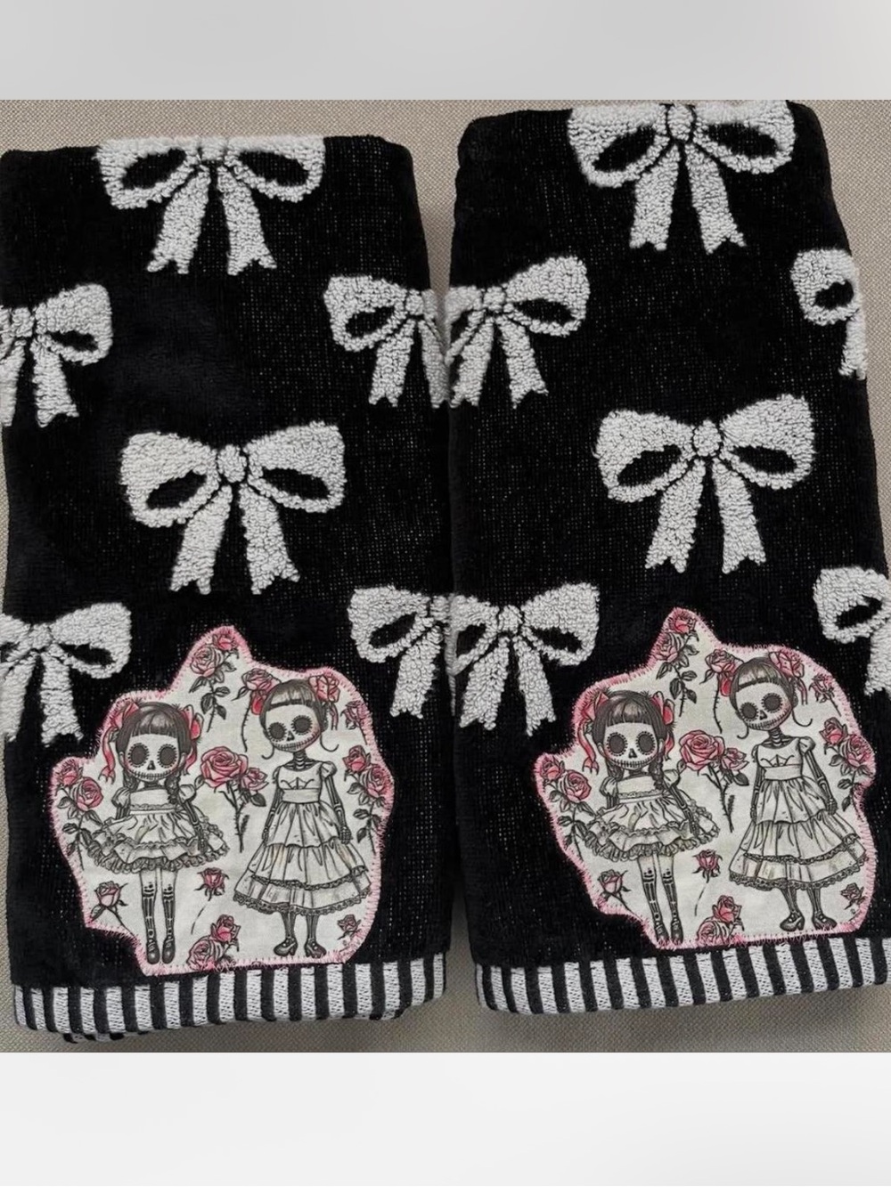 Black Bow Pattern hand towels with stitched Skull Doll appliqué.#pastelgoth